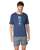 MASSANA Pijama Corto de Hombre P261325, Azul, 50% Algodón 50% Poliéster, Transpirable, Manga Corta con Estampado, para Dormir (FR/ES, Letras, M, Regular, Regular)