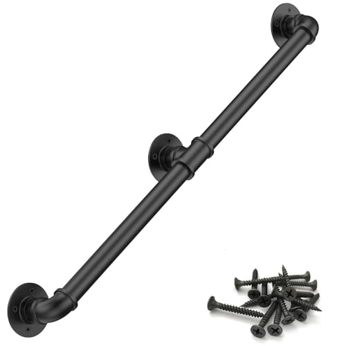 Magtctyae 1.5M/5FT Main Courante Rampe Escalier Intérieur Extérieur Tuyau en Acier Galvanisé Industriel Antidérapant Support Mural Poignée Rambarde de Sécurité,Noir