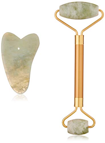 Jade Roller For Face, Skin Massager Treatment Therapy - Premium Authentic Himalayan Jade Stone Gua Sha Scrapping, Jade roller and gua sha set