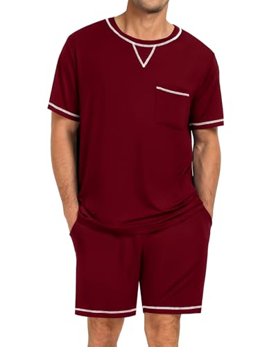 Image of SWOMOG Mens Pajamas Set Summer Sleepwear Short Sleeve Pjs Set Soft 2 Piece Lounge Set Comfy Loungewear with Pockets