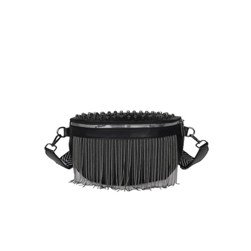 LKLNCXC Riñonera Riñoneras Informales a la Moda con Correas Anchas, Bolsos de Hombro y Bandolera PU, Pecho borlas Remaches for Mujer, Color Negro a