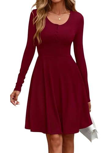 EIRUKON Damen Kleid Langarm Rundhals Herbstkleid Elegant Pulloverkleid Gerippt Knielang Lässiges Herbst Winter A Linie Midikleid mit Taschen,Rot,M