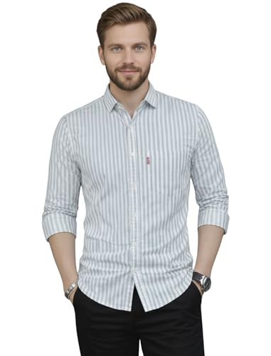 Image of MILDIN Men's Pure Cotton Striped Printed Shirt with Spread Collared Neck Full Sleeve Curved Hemline Button Closure and Regular Fit | Shirt for Man