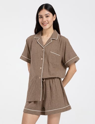 Image of Womens Muslin Pajama Sets 100% Cotton Double Gauze Linen Like Short Pjs | Breathable Soft Comfort Button Up Loungewear Sleepwear PJ Set