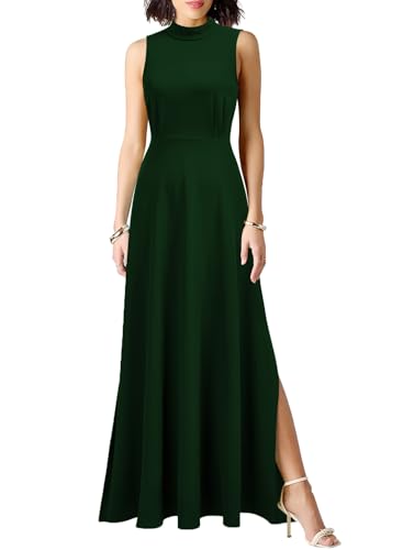 Image of WOOSEA Women Sleeveless High Neck Split Evening Cocktail A-Line Long Dress Green