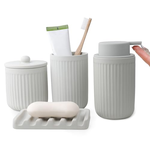 BosilunLife Ceramic Bathroom Accessories Set - Bathroom Counter Soap Set Light Grey Bathroom Decor Sets Accessories Bathroom Lotion Soap Dispenser and Toothbrush Holder Set, Soap Dish, Apoth