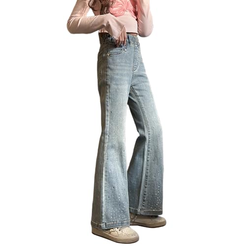Tween Girls Flare Jeans-Elastic Waistband Bell Bottom Denim Pants with Pockets, Casual Rhinestone Jeans for Girls2