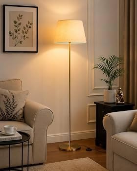 Image of Woodies & Whimsy Antique Brass Finish Standing Lamp with Fabric Shade for Living Room Bedroom Corner Decorative Lighting (Golden)