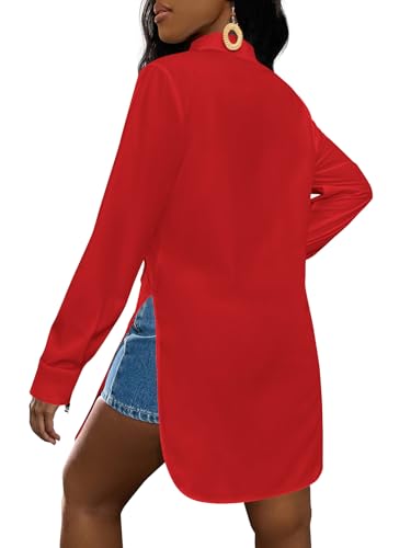 Image of LYANER Women's Collar Neck Long Sleeve Button Down Shirts Sexy Split Hem Tops Long Blouse Shirt Dress