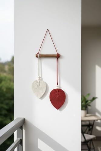 Image of AdFashionble Boho Macrame Wall Hanging Leaf Decor for Home, Living Room & Bedroom | Cotton Thread Art with Wooden Rod | Minimalist Handmade Wall Decoration | Aesthetic Nordic Wall Art for Home, Office & Gift Purpose (RED & WHITE)