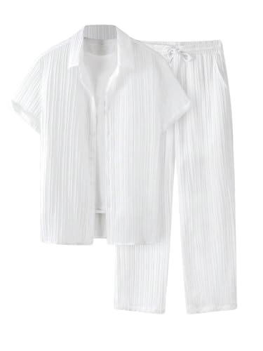 Men's 2 Piece Outfits Short Sleeve Button Down Shirts Drawstring High Waisted Pants Vacation Sets