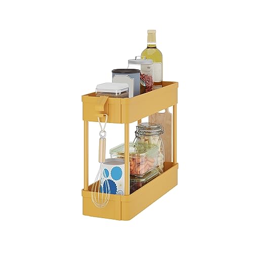 Boeeoan Under Sink Organizers Storage Rack, 2 Tier Under Bathroom Cabinet Shelf Basket, Multi-Purpose Storage Cart with Hooks for Kitchen Bathroom Bedroom Livingroom, Yellow