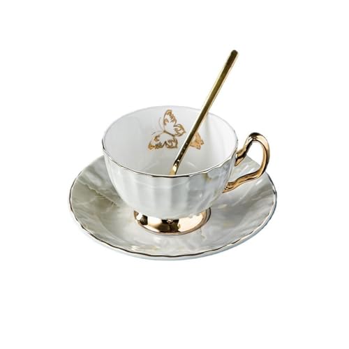 RUOXIUKHBZPS Juego de tazas y platillos de porcelana de hueso estilo europeo, taza de café y té de cerámica de 7 oz for el hogar, cocina, boda con cuchara(White)