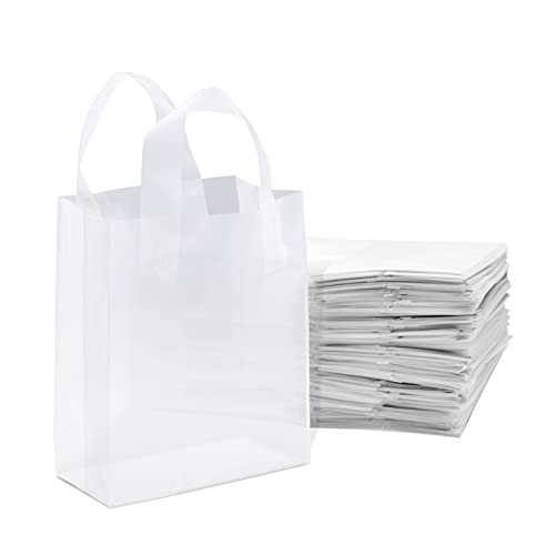Prime Line Packaging Clear Plastic Bags with Handles for Small Business, Welcome Goody, Frosted Gift Tote for Boutiques, Events, Bulk, 8x4x10 400 Pack