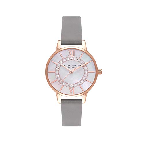 Image of Olivia burton Wonderland Qtz Basic White Mother of Pearl & Stone Round Dial Women's Watch|Steel Grey Leather Material|Grey Color Band - OB16WD92