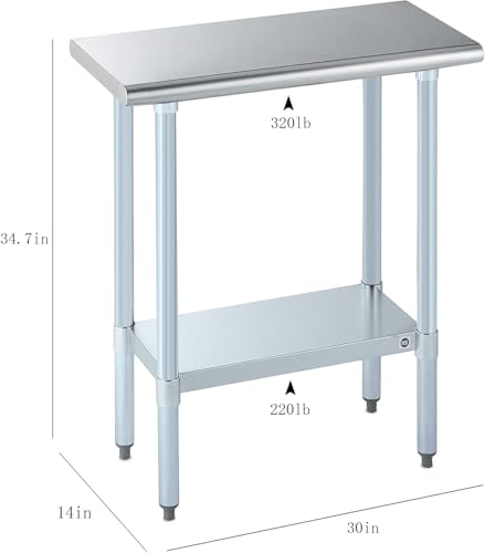 Image of ROCKPOINT Stainless Steel Table for Prep & Work 14x30 Inches, NSF Metal Commercial Kitchen Heavy Duty Table with Adjustable Under Shelf and Table Foot for Restaurant, Home and Hotel