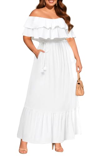 Pinup Fashion Plus Size White Maxi Dresses Off Shoulder Summer Casual Bridal Shower Long Flowy Beach Sundress with Pockets Women 2024