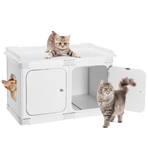 Richryce X-Large Cat Litter Box Enclosure, White Nightstand Pet House With Double Doors, Indoor Decorative Cat House With Sturdy Structure, Cat Washroom Storage Bench, Easy Assembly, Contain Fence #TOP7
