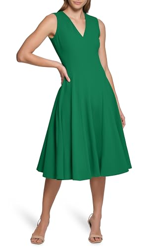 Image of Calvin Klein Womens Sleeveless V-Neck Crepe Knee Length Fit & Flare Dress