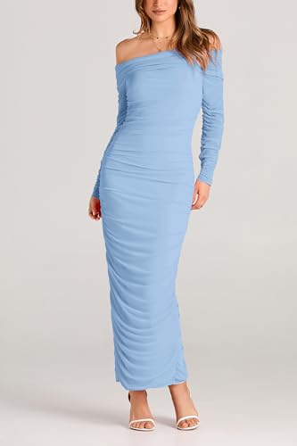 PRETTYGARDEN Women's Fall Off The Shoulder Maxi Dress Spring Long Sleeve Ruched Fitted Bodycon Club Dresses with Slit