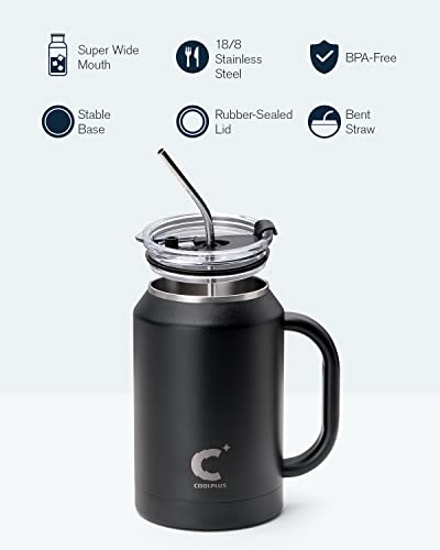 Coolplus 32 Oz Mug Tumbler With Handle And Straw, Stainless Steel Travel Insulated Water Coffee Cup With 2-In-1 Lid, Double Wall Metal Keep Cold 36 Hrs, Sweet Proof Bpa-Free, Midnight Black #TOP4