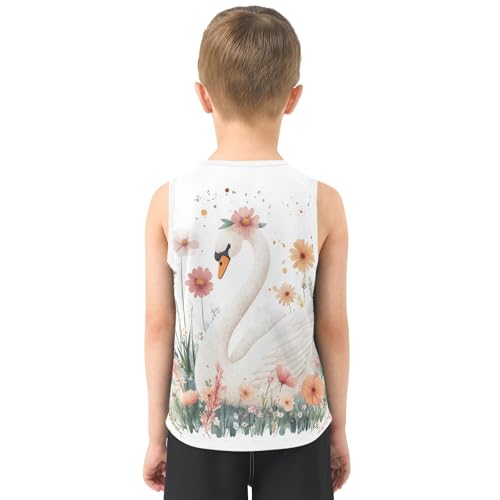 Boys Tank Top Shirts Watercolor Swan White Flower Sleeveless T-Shirts Crew Neck for Kids Clothing Children3