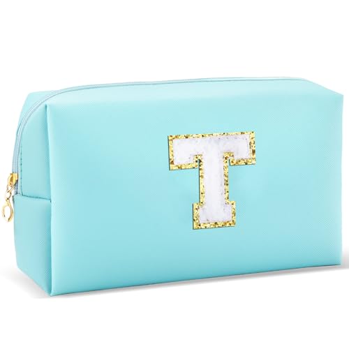 URSKYTOUS Gifts for Girls Initial Makeup Bag Personalized Cosmetic Bag with Zipper Cute Travel Toiletry Bag Waterproof PU Preppy Makeup Pouch Birthday Gift for Teen Girls Women(Blue T)