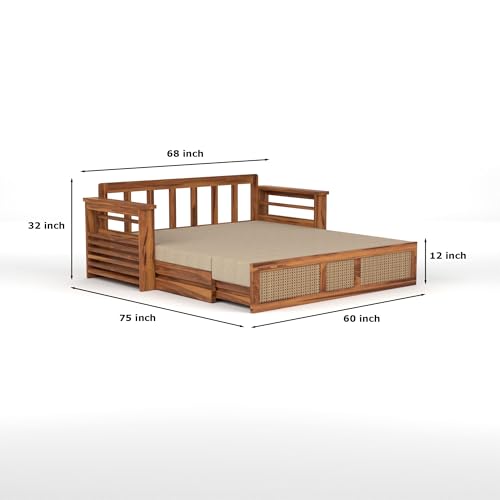 Image of Mamta Furniture Sheesham Wood Sofa Cum Bed with Storage Rattan Cane Design Wooden Sofa Set for Living Room Bedroom 3 Seater Convertible Sofa Bed in Honey Finish