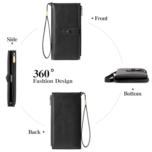 Image of GOIACII Womens Wallets Large Capacity Credit Card Holder RFID Blocking Leather Wallet Wristlet Ladies Clutch Purse Black