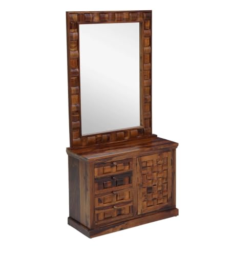Image of MADE WOOD Solid Sheesham Wood Dressing Table with Mirror | 4 Drawer Makeup Vanity & Storage Organizer with Shelves | Bedroom & Living Room Furniture | Provincial Teak Finish