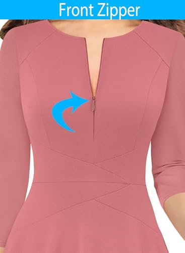 Image of VFSHOW Womens Work Business Front Zipper A-Line Dresses 3 /4 Sleeve Office Church Fit and Flare Skater Swing Knee Length Dress