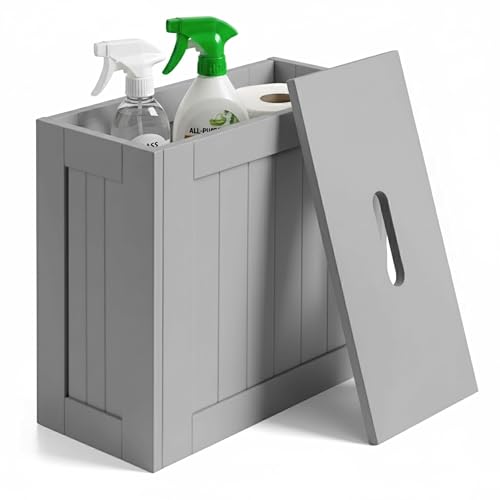 Image of Unibos Bathroom Storage Unit, Freestanding Toilet Roll Cabinet, Compact Slimline Wooden Bathroom Storage Box, Multi Purpose Cleaning Tidy (Grey)