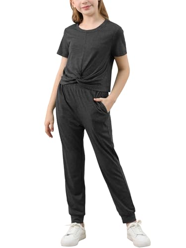 Image of GORLYA Girls Pant Sets Clothing Suits Twist Knot Sweat Crop Tops and Casual Sweatpants 2PCS Tracksuit Outfits 6-14Y