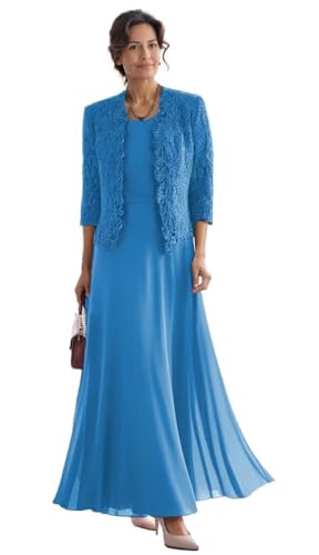 2 Piece Mother of The Bride Dresses with Jacket Lace Chiffon Tea Length 3/4 Sleeve Formal Evening Gowns for Wedding Guest