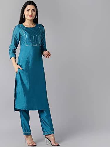 Image of Vaamsi Women's Poly Silk Embellished Solid Straight Kurta Pant with Dupatta