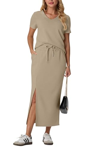 Image of GRECERELLE Women Summer Casual 2 Piece Sets V-Neck Wrinkle-Free Top & Elastic Waist Midi Side Slit Skirt with Pockets