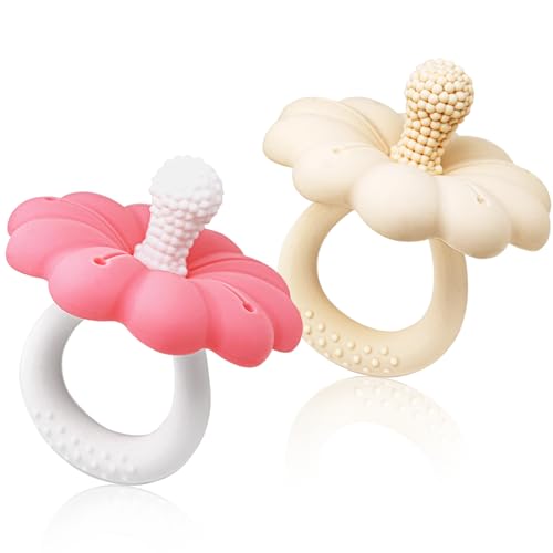 Image of 2 Packs Baby Teething Toys for 0-6 6-12 Month, 100% Food Grade Silicone Teether Ring, Flower Baby Chew Toy, BPA Free (Pink & Caramel)