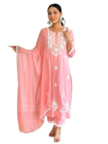 Image of Naixa Women's Cotton Embroidered Straight Kurta with Pant and Dupatta Sets (Available in Plus Size) (NX-574)