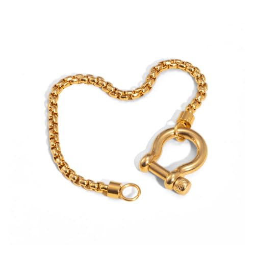 Image of Chunky Charm Bracelet Stainless Steel Foxtail Wheat Chain Bracelet Heavy Screw Anchor Shackle Horseshoe Bracelets (GoldSmall)