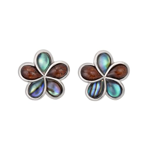 Aloha Jewelry Company 925 Sterling Silver Koa Wood and Abalone Shell Hawaiian Mauka to Makai Plumeria Flower Stud Post Earrings, Nickel Free Hypoallergenic for Sensitive Skin, Gift Box Included