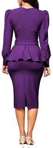 Image of Dresses for Women Elegant Long Sleeves Ruffles Pencil Knee Length Split Business Dress with Belt Zipper
