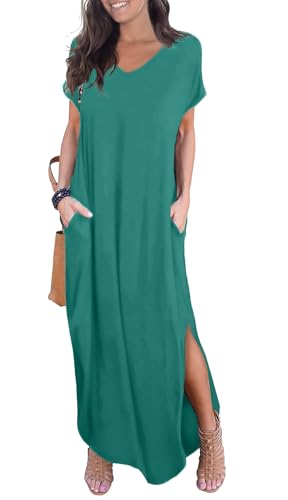 Image of GRECERELLE Women's Summer Maxi Dress Casual Loose V Neck Short Sleeve Side Split Long Dresses with Functional Pockets