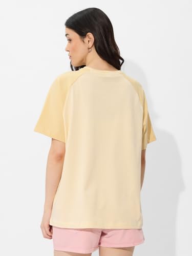 Image of The Souled Store Garfield: Purrfectly Lazy Women and Girls Short Sleeves Round Neck Yellow Graphic Printed Cotton Oversized T-Shirts