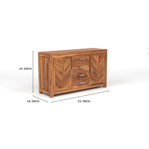 Image of Solid Sheesham Wood Sideboard Cabinet with 4 Drawers & 2 Doors | Rosewood Storage Cabinet for Living Room, Dining Room & Office (Honey Finish)