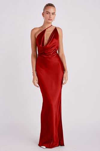 Image of Memoriesea Women's Low Cut Cowl Neck Open Back Tie Up Cocktail Party Maxi Dress Red
