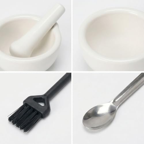 Small Ceramic Mortar and Pestle Set, 2.5 Inch Porcelain Pill Crusher & Spice Grinder, Mini Tablet Pulverizer Bowl for Vitamins, Garlic, Spices - Includes Cleaning Brush & Spoon (White)