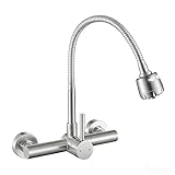 ZHYICH Wall Mount Kitchen Sink Faucet 8 Inch Center with Flexible Sprayer,Stainless Steel Mixer Tap with Dual Function Sprayer,Nickel Brushed Unility Sink Faucet