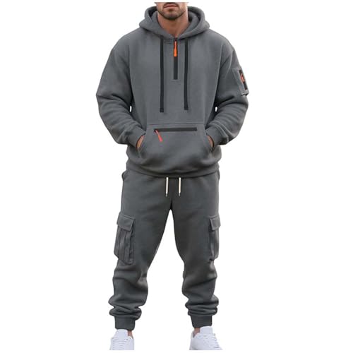Fleece Lined Men Tracksuit Set 2 Piece Sets - Tactical Hoodies Quarter Zip Pullover & Cargo Joggers Athletic Sweatsuits Thermal Clothes Gym Outfits Winter Fall Fashion 01# Dark Gray 3X-Large