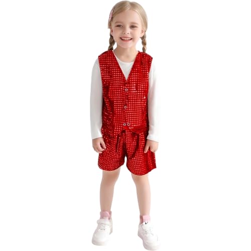 Generisch Disfraz de danza con lentejuelas brillantes para niñas, hip hop, jazz, ropa de danza callejera para niños, con parte superior sin mangas y pantalones cortos