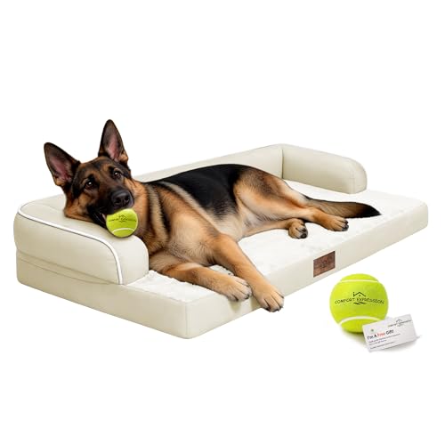 Image of Comfort Expression Washable Orthopedic Dog Bed for Extra Large Sized Dogs | Waterproof Memory Foam Pet Bed 48x33 Inch with Removable Cover with Non-Slip & Bolster, Beige